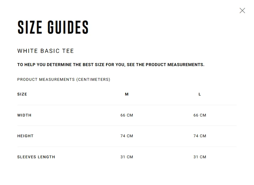 Inline size guide with EU / UK / US / CM conversions