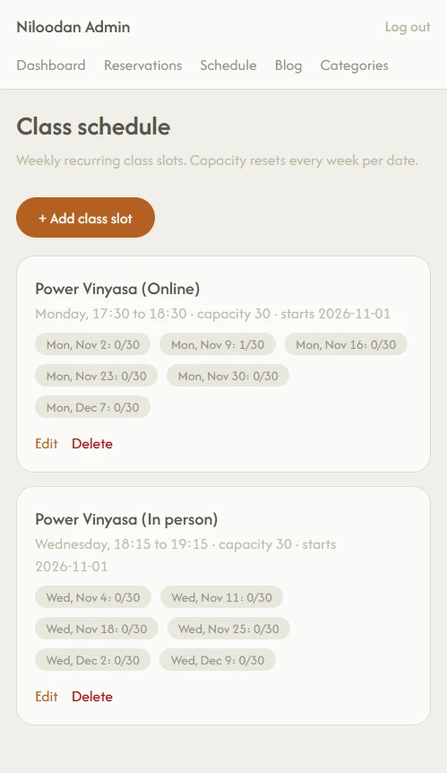 Class schedule panel showing weekly recurring Power Vinyasa slots with capacity