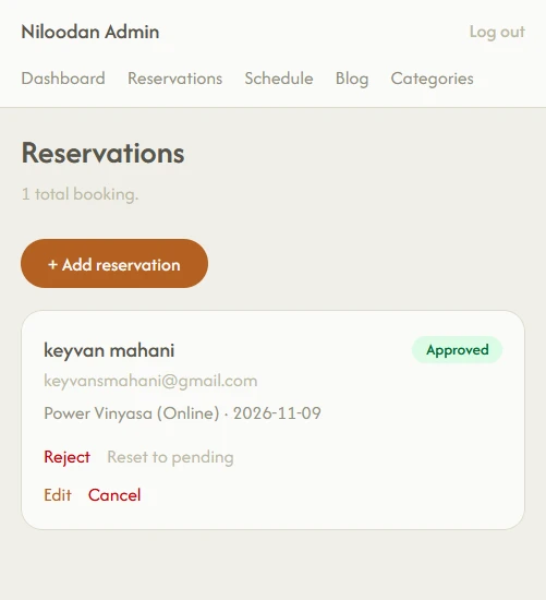 Admin panel reservations list with approve, reject, and edit controls